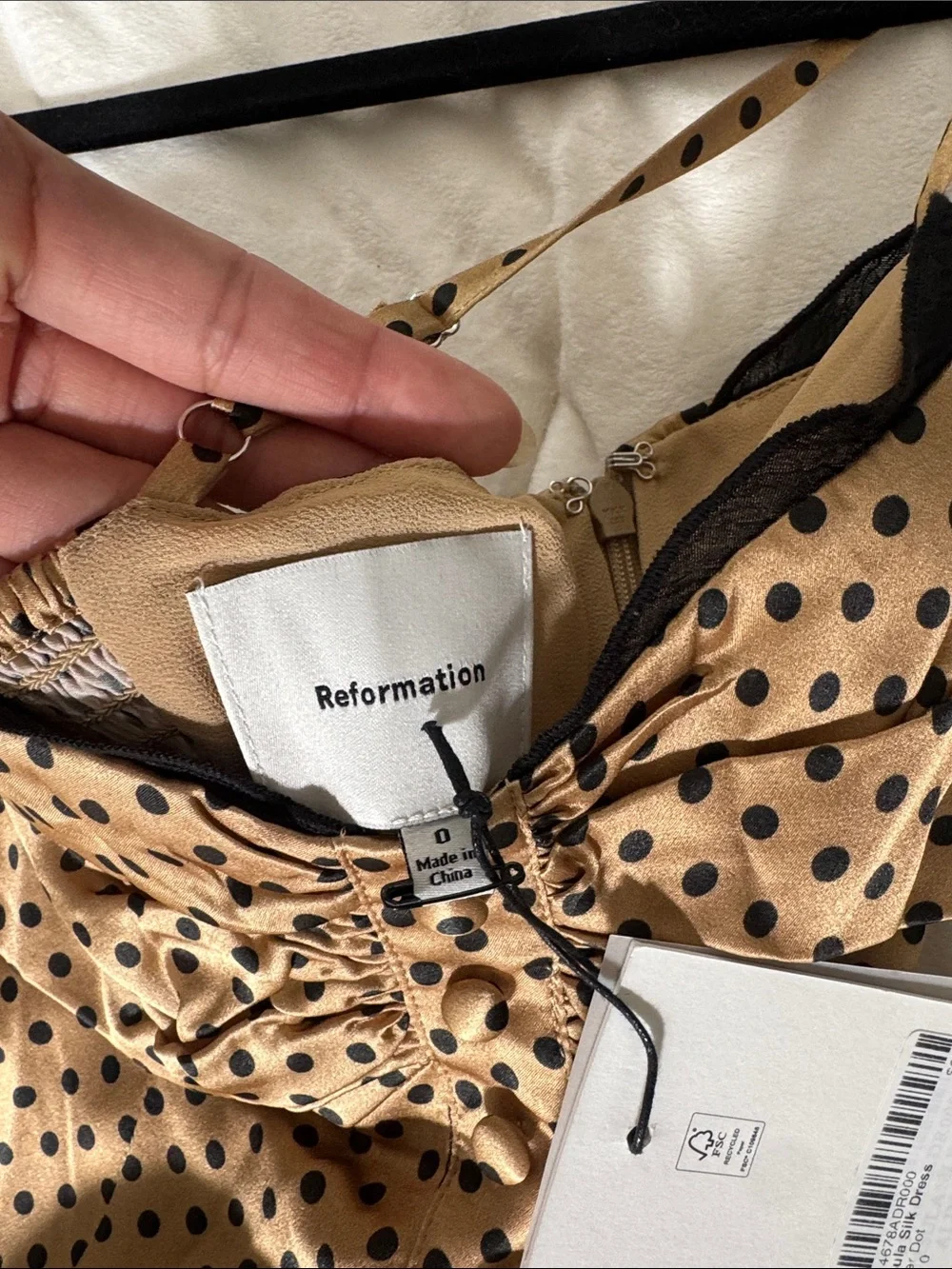 Reformation Polka Dot Satin Slip Dress in Tan and Black size 0 (xs/s) - Picture 4 of 6